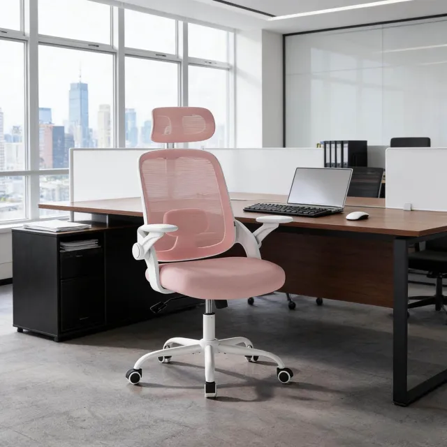 CHICFURN Bureaustoel - Verstelbare zithoogte - Hoge netrug - Roze