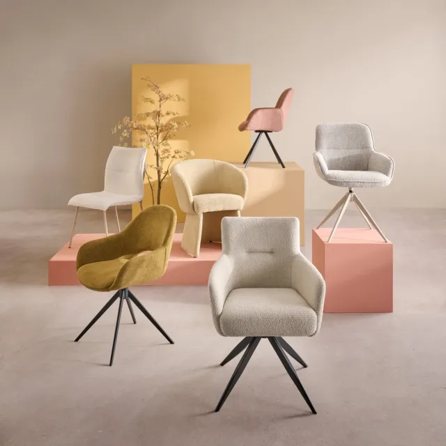 Woonexpress Eetkamerstoel Tonsberg - Bouclé / Metaal - Naturel / Zwart - 58x87x64 cm (BxHxD) - Draaibare Armstoel Beige