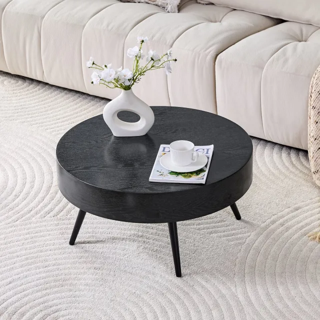 HAUSS SPOLE Salontafel Rond - Compact Design Voor Woonkamer En Kleine Ruimtes - MDF Met Houtlook En Metalen Poten - Zwart - Diameter 70 Cm