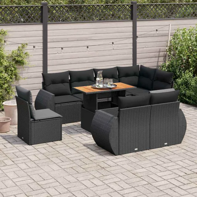 vidaXL 9-delige Loungeset met kussens poly rattan zwart, foto 2