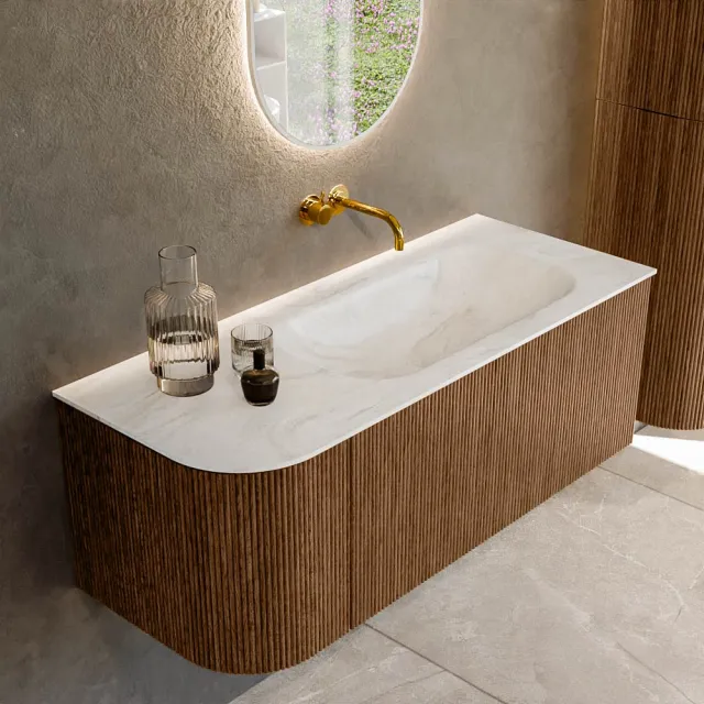 Mondiaz KURVE-DLUX 115 cm Onderkast Greeploos 1 Lade Met Deuren Walnut, Wastafel Solid Surface Rechts Ostra 0 Kraangaten Zonder Spiegel (KRVBGS115L1L1D0KR-Wal/Ost)