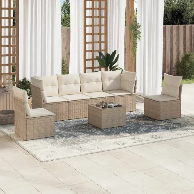 vidaXL 7-delige Loungeset met kussens poly rattan beige, foto 2