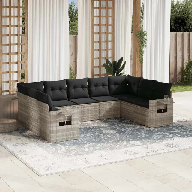 vidaXL 9-delige Loungeset met kussens poly rattan lichtgrijs grijs, foto 2