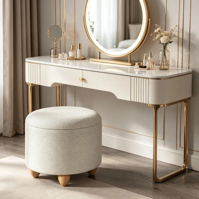 OKWISH Poef Opbergruimte – Rond 39 x 33 cm – Linnen En Hout – Creme Wit – Als Voetbank, Schoenhulp En Bijzettafel Voor Binnen