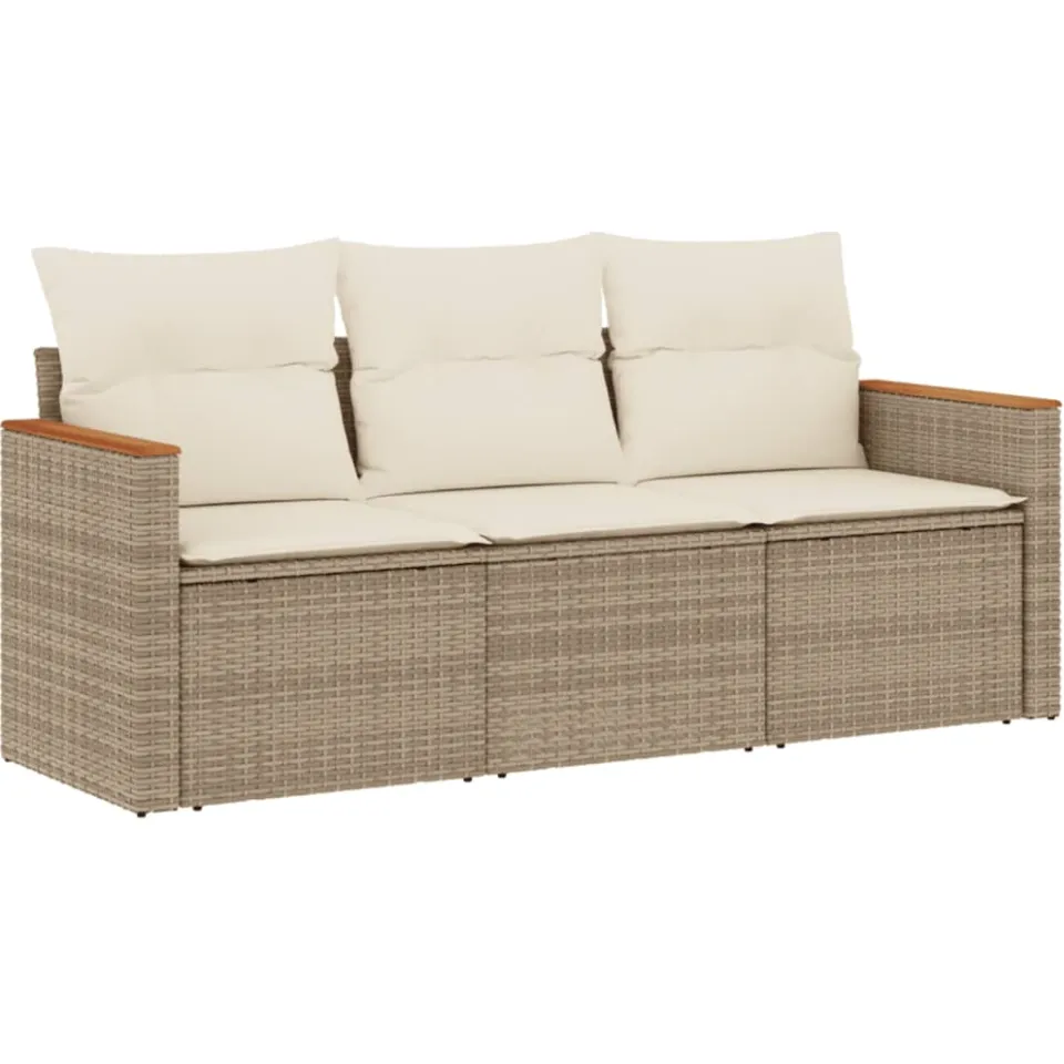 vidaXL 3-delige Loungeset met kussens poly rattan beige, foto 3