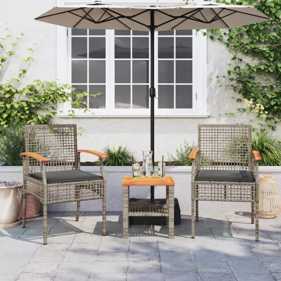 vidaXL 3-delige Bistroset met kussens poly rattan en acaciahout grijs, foto 2