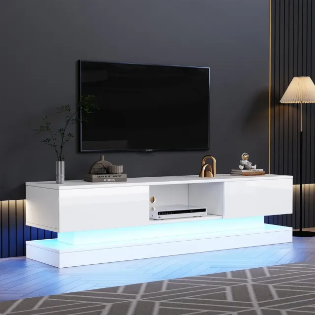 DESMIU Tv Meubel - Hoogglans Met Ledverlichting En 2 Lades - Voor Woonkamer En Televisie Tot 60 Inch - Spaanplaat - 160x35x40,5 Cm - Wit
