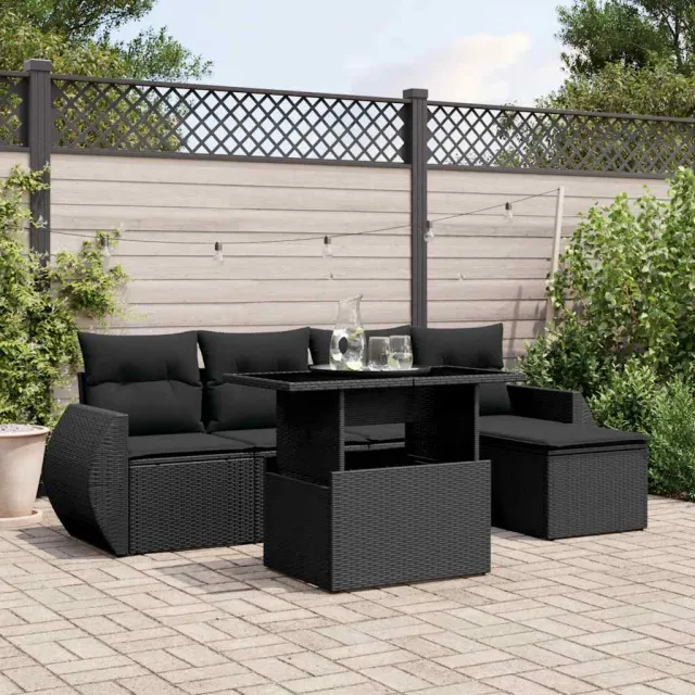 vidaXL 6-delige Loungeset met kussens poly rattan zwart, foto 2