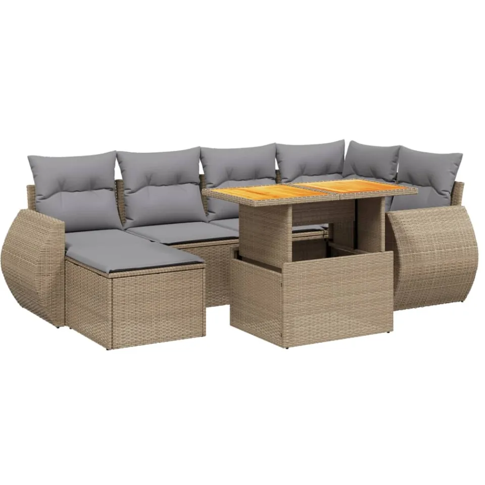 vidaXL 7-delige Loungeset met kussens poly rattan beige, foto 3