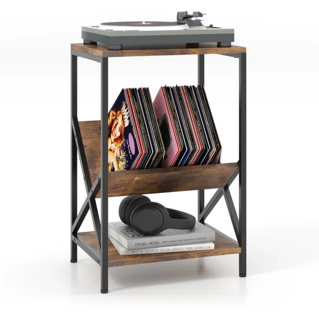 Costway Bijzettafel met 3 niveaus, industrieel design, houten banktafel, nachtkastje voor tijdschriften en nieuwspapers, 40 x 30 x 61 cm Bruin