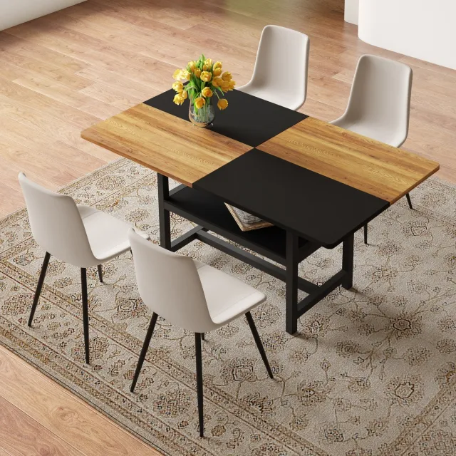 FloraGrace Eettafelset 160 Cm - Rechthoekige Tafel Met Opbergrek En 4 Eetkamerstoelen - MDF En Metaal - Bruin Zwart Warmgrijs Zwarte houttinten +Warmgrijs
