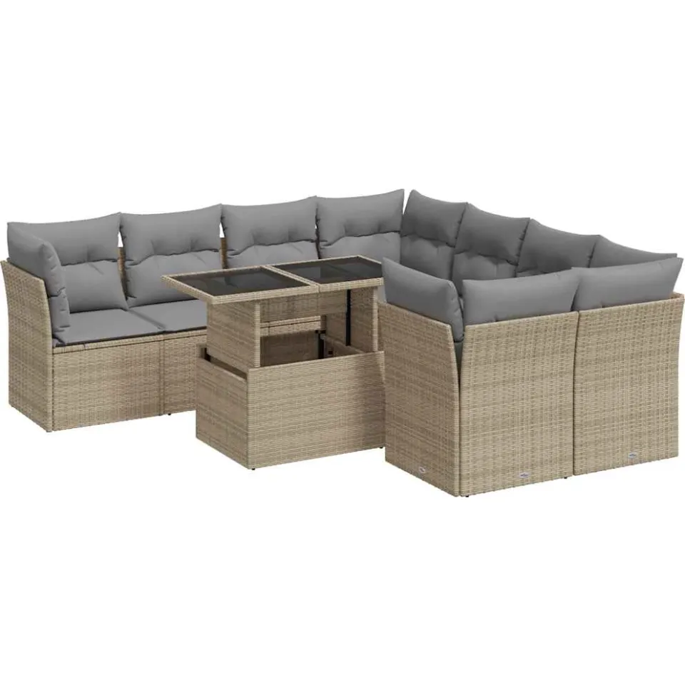 vidaXL 9-delige Loungeset met kussens poly rattan beige, foto 3