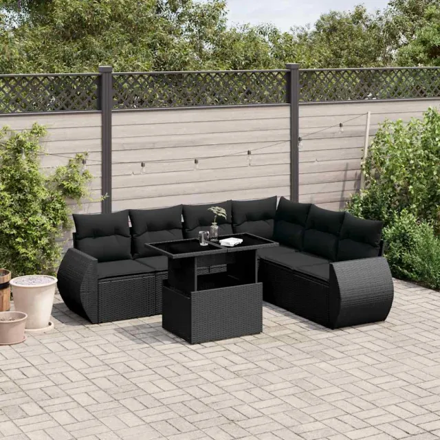 vidaXL 7-delige Loungeset met kussens poly rattan zwart, foto 2