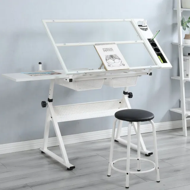 VVBV Verstelbare Tekentafel – Tekentafel met Werkblad met Lades en Verstelbaar – Gehard Glas – Krasbestendig – Wit