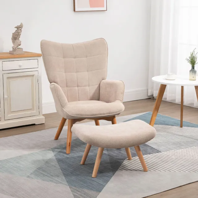 HAUSS SPOLE Fauteuil met Hocker - Oorfauteuil met Armleuningen en Houten Poten - Voor Woonkamer en Leeshoek - Ribstof - Beige