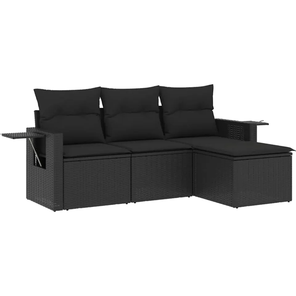 vidaXL 4-delige Loungeset met kussens poly rattan zwart, foto 3