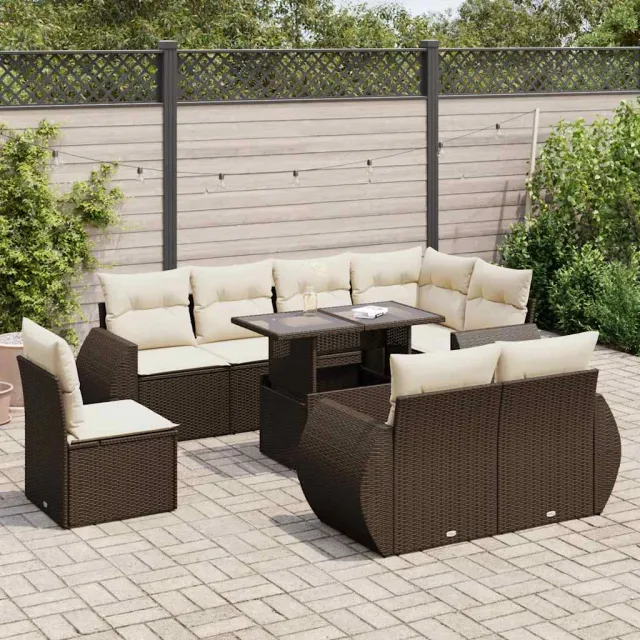 vidaXL 9-delige Loungeset met kussens poly rattan bruin, foto 2