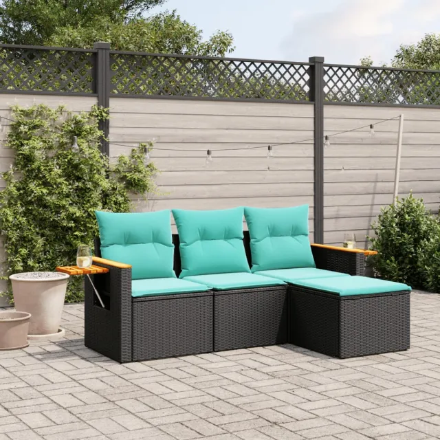 vidaXL 4-delige Loungeset met kussens poly rattan zwart, foto 2