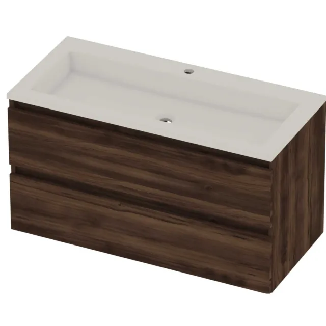 Basic-Line Aura 46 Badmeubelset Acryl 1 Kraangat Greeploos 100x46x54 cm Barista Oak Glans Wit