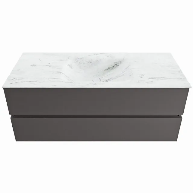 Mondiaz VICA-DLUX 120cm badmeubel onderkast Dark grey 2 lades. Inbouw wastafel CLOUD midden zonder kraangat, kleur Opalo.