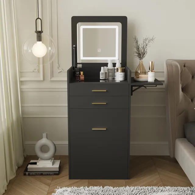 Puluomis Kaptafel - LED Spiegel - Nachtkast - Krukje – Compacte Make-up Tafel – Zwart – 133 x 50 x45 cm