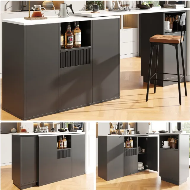 Merax 360° Draaibare Bartafel (210x30x101 cm) - Zwart Design met Marmer Werkblad & Open Opbergruimte - Multifunctioneel Keuken Eiland
