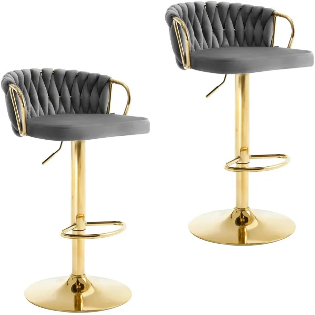 Golaro Barkruk - Barstoelen - Barstoel met Voetensteun en Rugleuning - Luxe Goud/Grijs Barkrukken Set van 2 - Verstelbaar