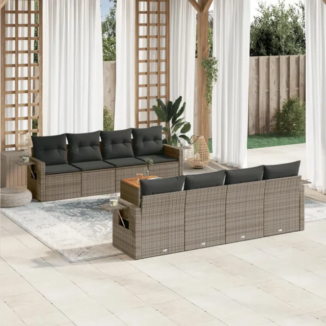 vidaXL 9-delige Loungeset met kussens poly rattan grijs, foto 2
