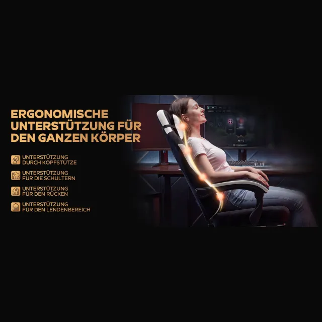 HAUSS SPOLE Gamingstoel - Ergonomisch met Hoofdsteun en Lendensteun - Verstelbare Rugleuning en Voetsteun - Voor Thuiswerken - Stof - Wit en Zwart Zwart en wit