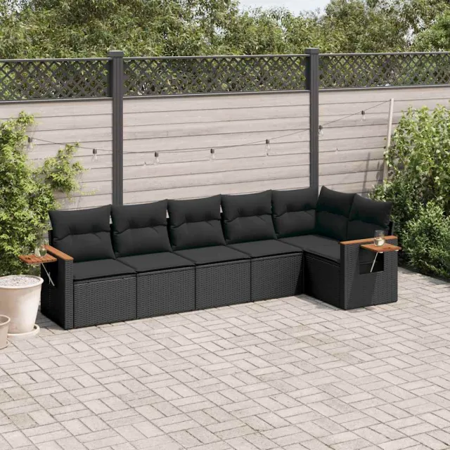 vidaXL 6-delige Loungeset met kussens poly rattan zwart, foto 2
