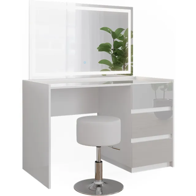 Vicco Kaptafel Marla, Wit Hoogglans, 120 cm met LED-spiegel en kruk