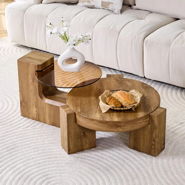COVREO Salontafel set van 2 rond 61 cm wood MDF en glas met opbergruimte