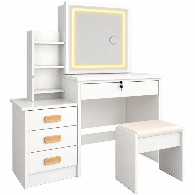 Lamor Kaptafel - Kaptafels met spiegel - Make up tafel - Bureau - LED verlichting - Opbergkast - 84 x 35 x 136 cm - Slaapkamer Wit