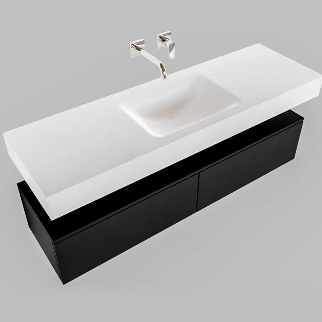 Boss & Wessing Badkamermeubel BWS Ibiza 150 cm Solid Surface Mat Zwart Twee Soft-Close Lades Wastafel Mat Wit (acht varianten)