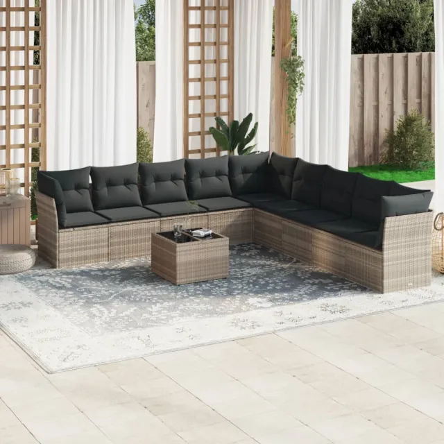 vidaXL 10-delige Loungeset met kussens poly rattan lichtgrijs grijs, foto 2