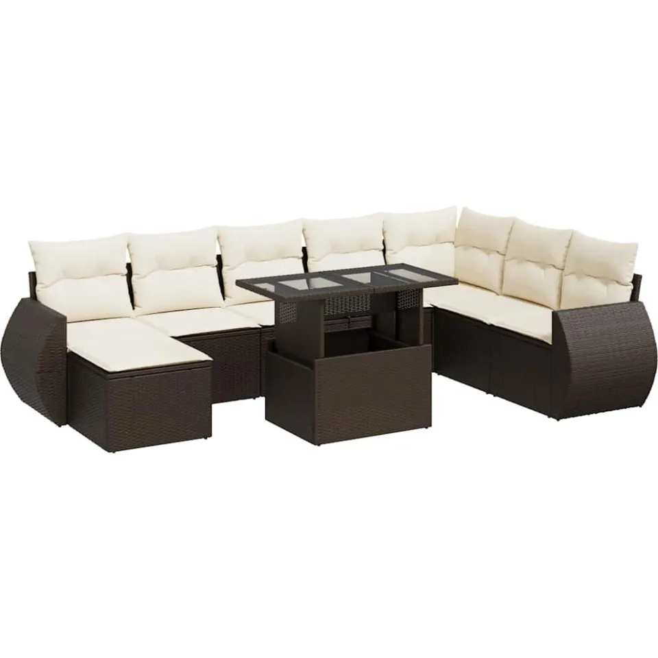 vidaXL 9-delige Loungeset met kussens poly rattan bruin
