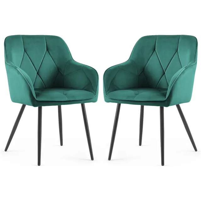 Akord Set van 2 Eetkamerstoelen DIAMANTE met Armleuningen / Gestoffeerde Stoelen / Fluwelen Stoelen en Metalen Poten / Flesgroen met zwarte benen