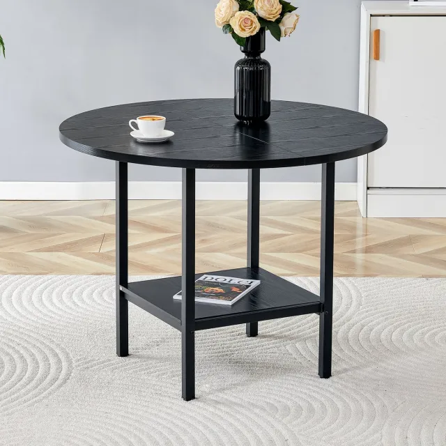 REDOM Ronde Eettafel Met Opbergplank - Modern Minimalistisch - Voor Eetkamer Of Keuken - MDF En Metaal - Zwart - Ø100 X 77 Cm