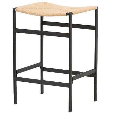 Nest living Roan metalen barkruk zwart - met rotan zitting - 66 cm Bruin