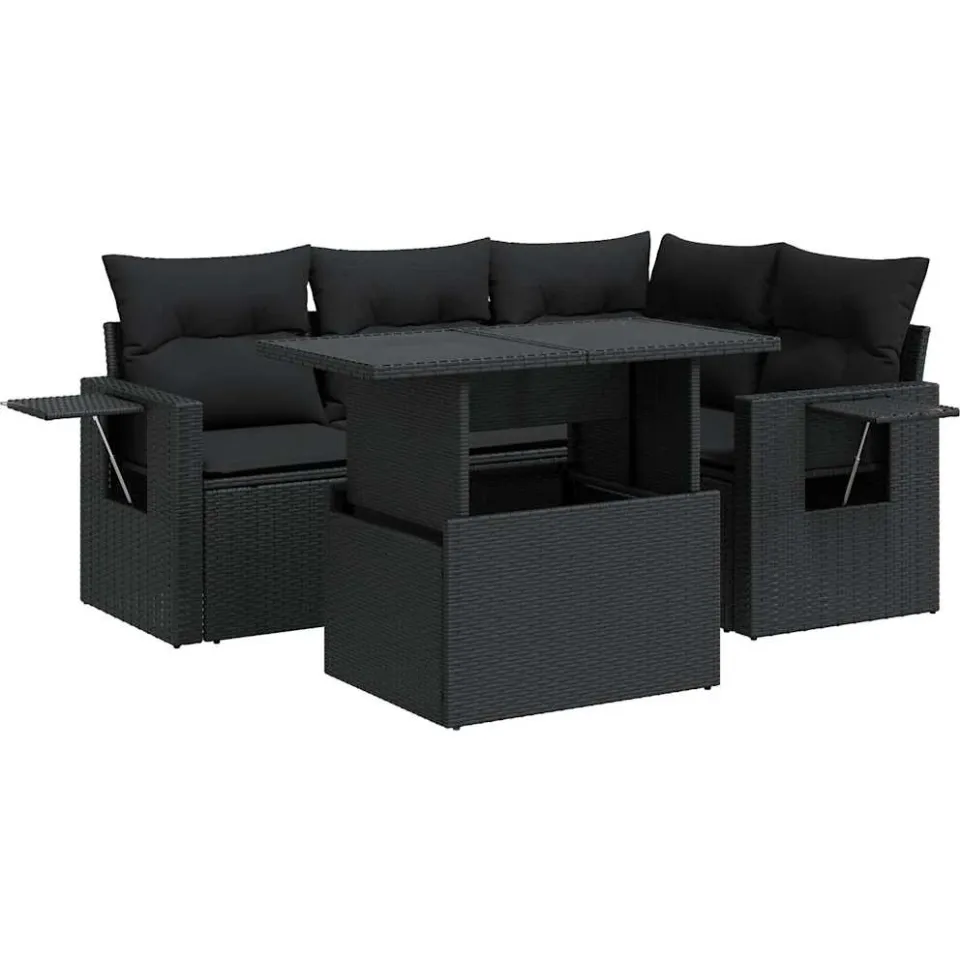 vidaXL 5-delige Loungeset met kussens poly rattan zwart, foto 3