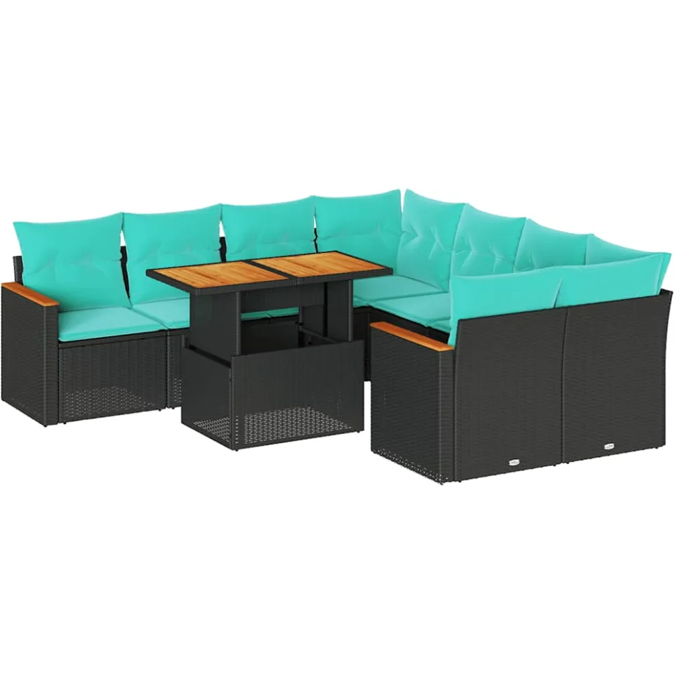 vidaXL 9-delige Loungeset met kussens poly rattan zwart, foto 3