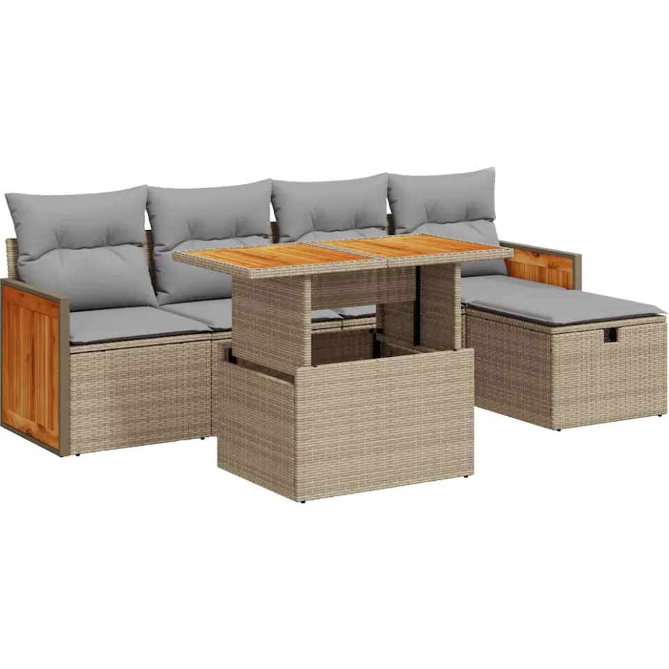 vidaXL 6-delige Loungeset met kussens poly rattan beige, foto 3