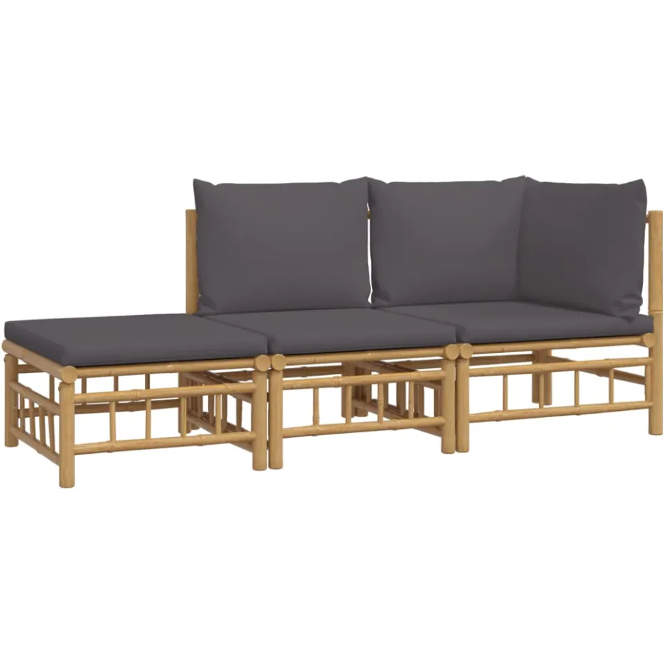 vidaXL 3-delige Loungeset met kussens bamboe donkergrijs Bruin
