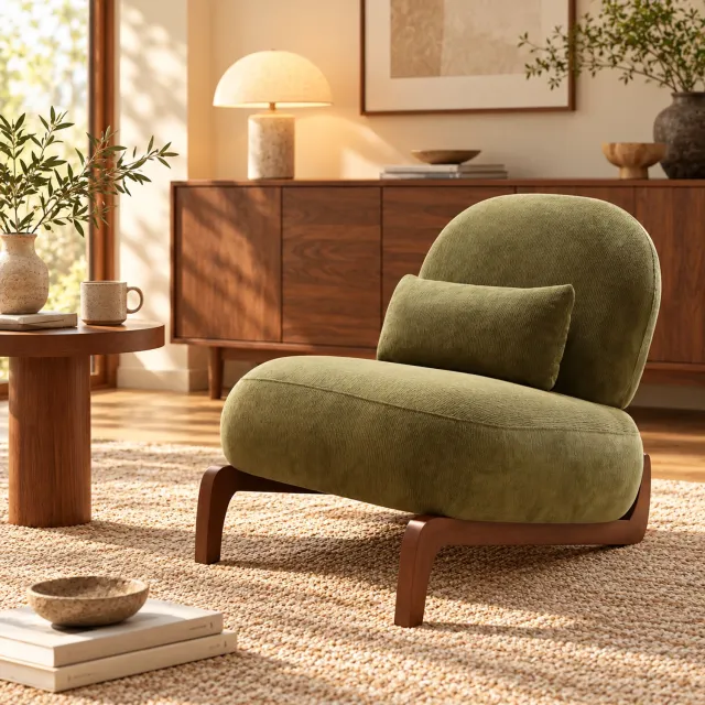 Mulder Living Fauteuil - Relaxfauteuil - Leesstoel zonder armleuningen - Comfortabele TV-stoel - Massief houten stoelpoten - Inclusief zitkussen - Zachte stof - Geschikt voor de woonkamer, slaapkame - Groente