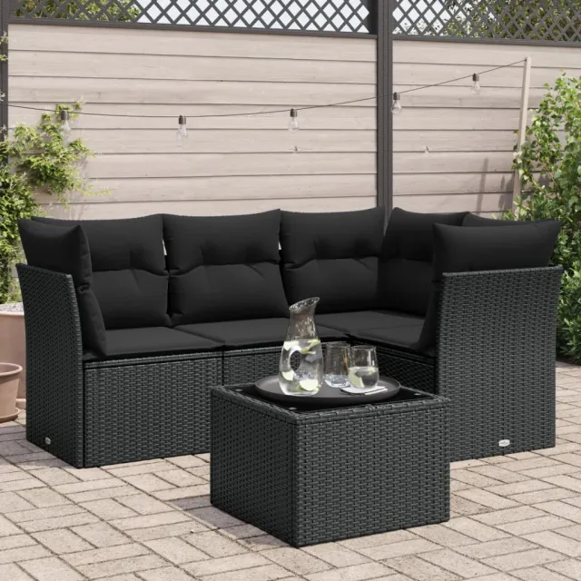 vidaXL 5-delige Loungeset met kussens poly rattan zwart, foto 2