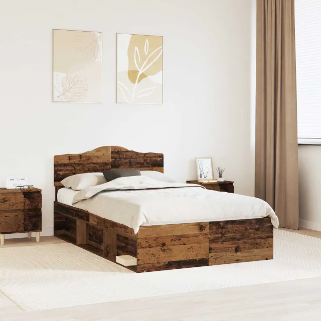 vidaXL Bedframe met hoofdeinde Oudhout 135 x 190 cm Massief grenenhout Bruin