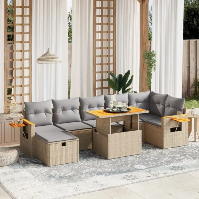 vidaXL 8-delige Loungeset met kussens poly rattan beige, foto 2