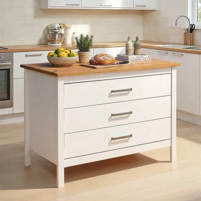 Interlink SAS Interlink - kookeiland Piazza wit /eik met 3 laden - 124x75cm
