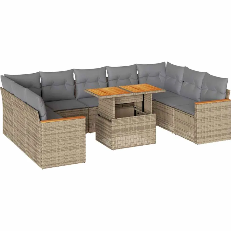 vidaXL 10-delige Loungeset met kussens poly rattan acacia beige, foto 3