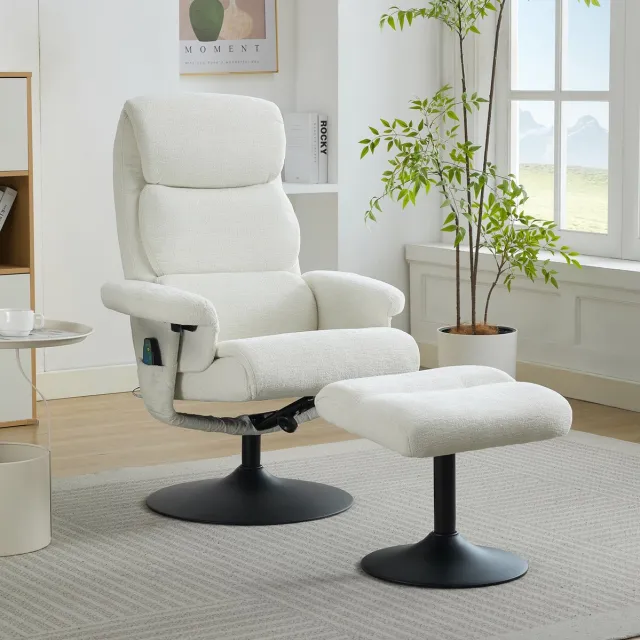 MEUNIQ Relaxfauteuil met 5-puntsmassage, stoelverwarming, verstelbare rugleuning tot 140°, hocker en 360° draaibare voet voor woonkamer of slaapkamer, wit chenille